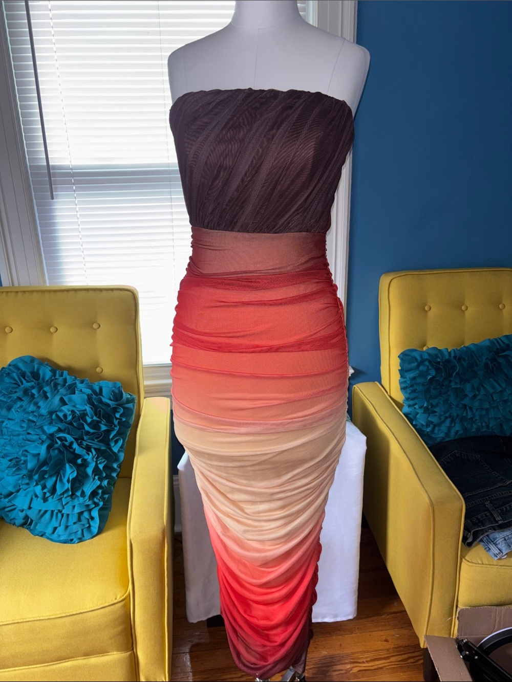 Strapless Ombre Ruched Maxi Dress in Brown and Coral